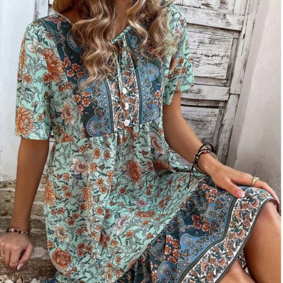 Boho Floral Print Smock Dress - Picture 3 of 6